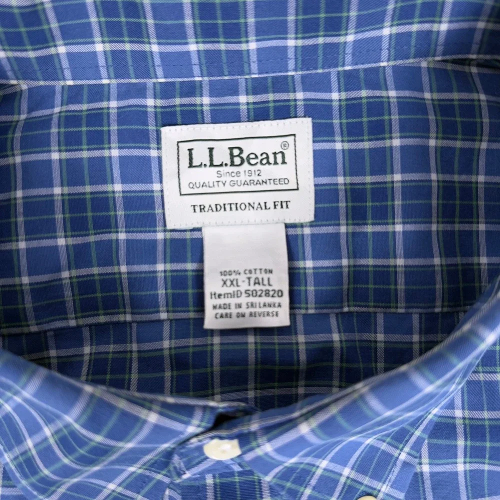 LL Bean Mens XXL Tall Blue Plaid Short Sleeve Button Down Shirt Traditional Fit